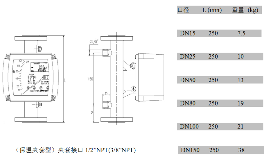 遠(yuǎn)傳金屬轉(zhuǎn)子流量計(jì)夾套型外形尺寸及重量